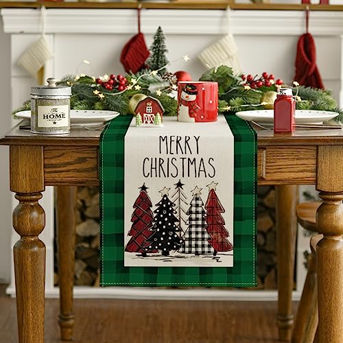 Buffalo Plaid Christmas Trees Table Runner, Winter Holiday Kitchen Dining Decor, 13 x 108 Inch A940