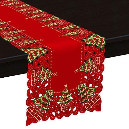 Embroidered Christmas Holly Tree Table Runner, Dresser Scarf, 16 x 72 Inch Z4281