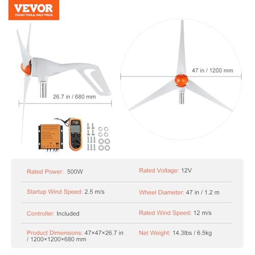 500W Wind Turbine Generator, 12V Wind Turbine Kit with MPPT Controller, 3-Blade, Adjustable Windward Direction M787