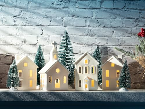 7PCS Christmas Village Sets - 3 LED Lighted Ceramic Houses with Remote & 4 Trees, Porcelain Miniature Decorations X236956