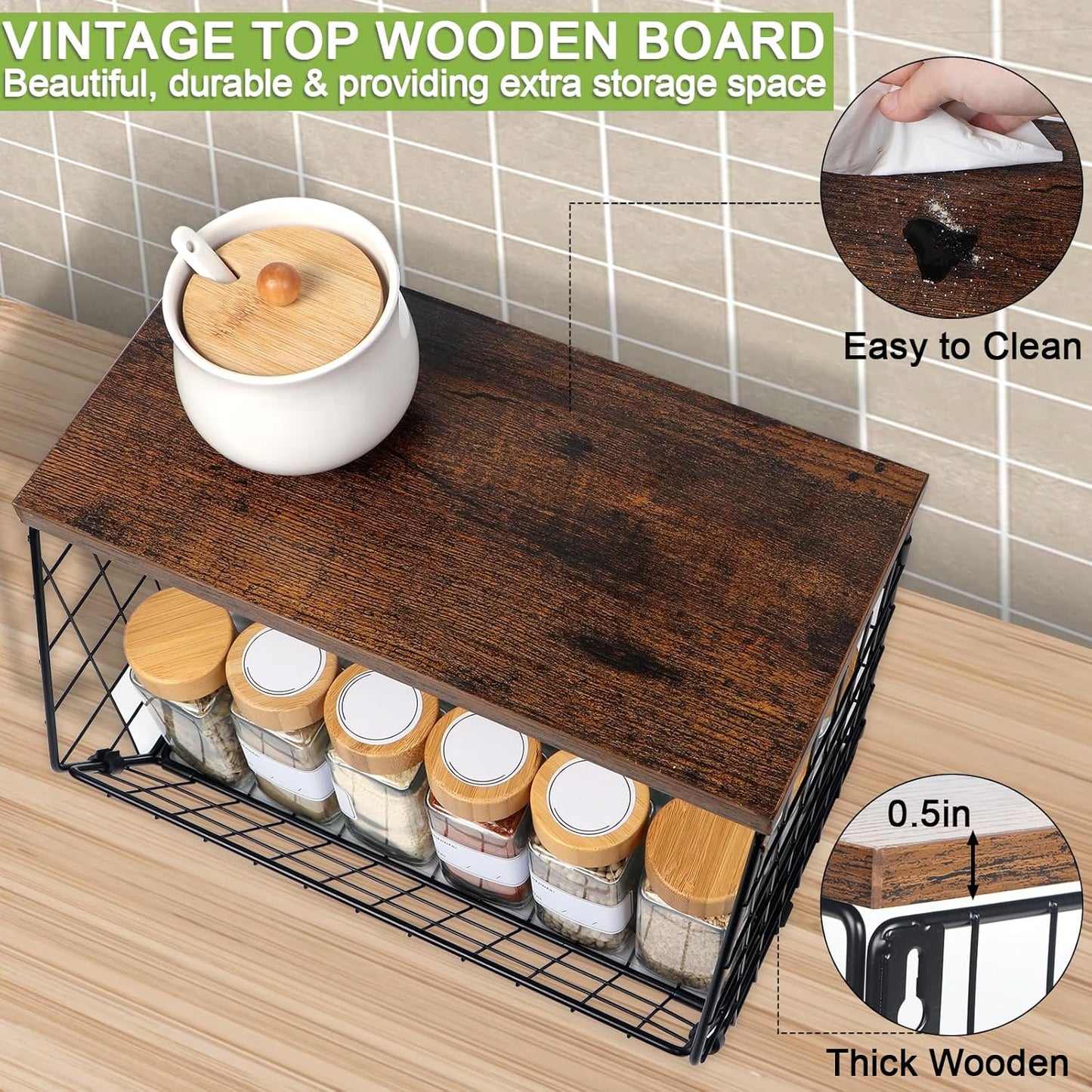 Fruit Basket for Kitchen Counter with Hooks, Stackable Wire Storage L66720