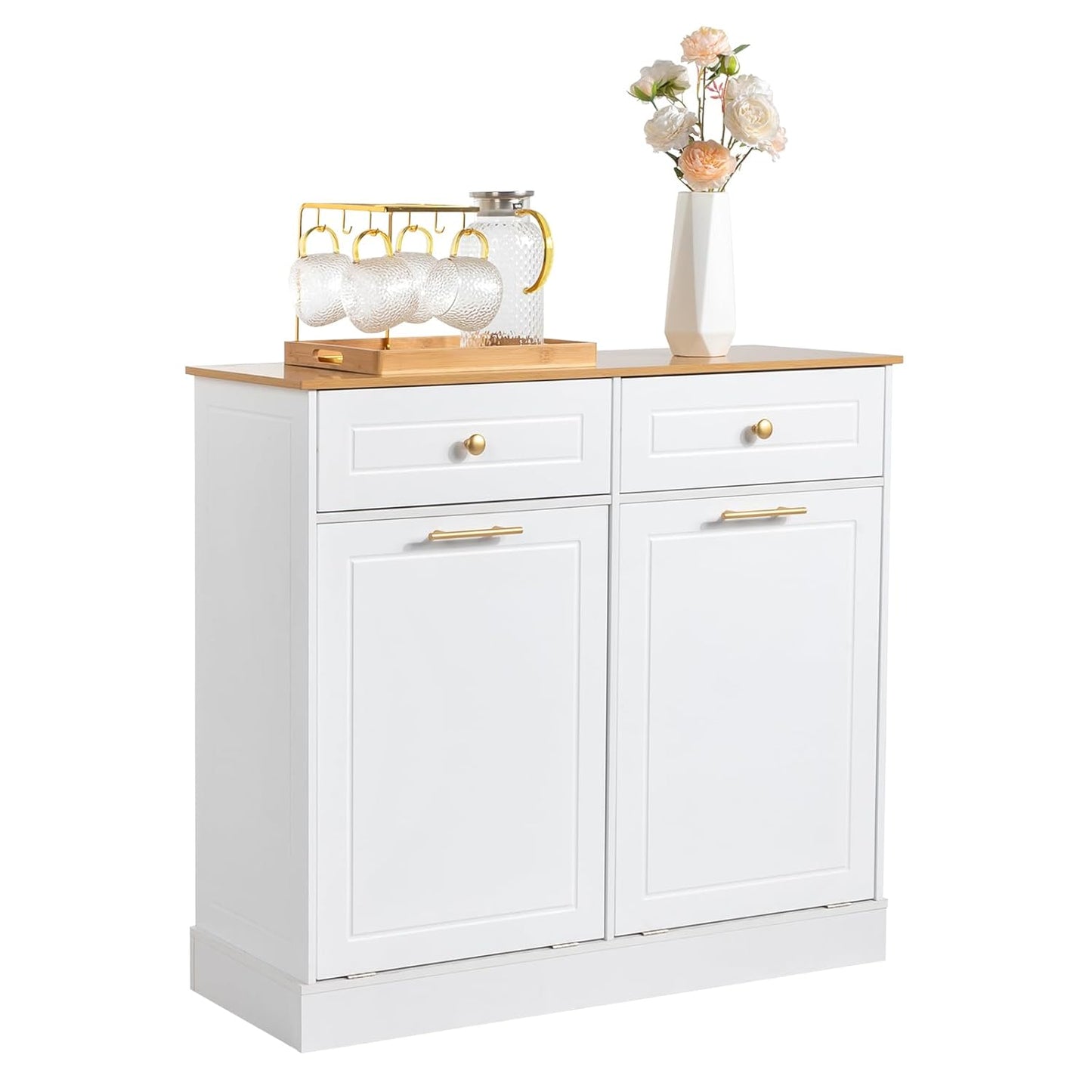 Kitchen Trash Can Cabinet - Freestanding Garbage Storage Cabinet - Tilt Out Trash Cabinet with Drawer and Laundry Hamper - Pet-Proof Recycling Trash Bin Cabinet - 2 Doors 2 Drawers 2 Baskets - White