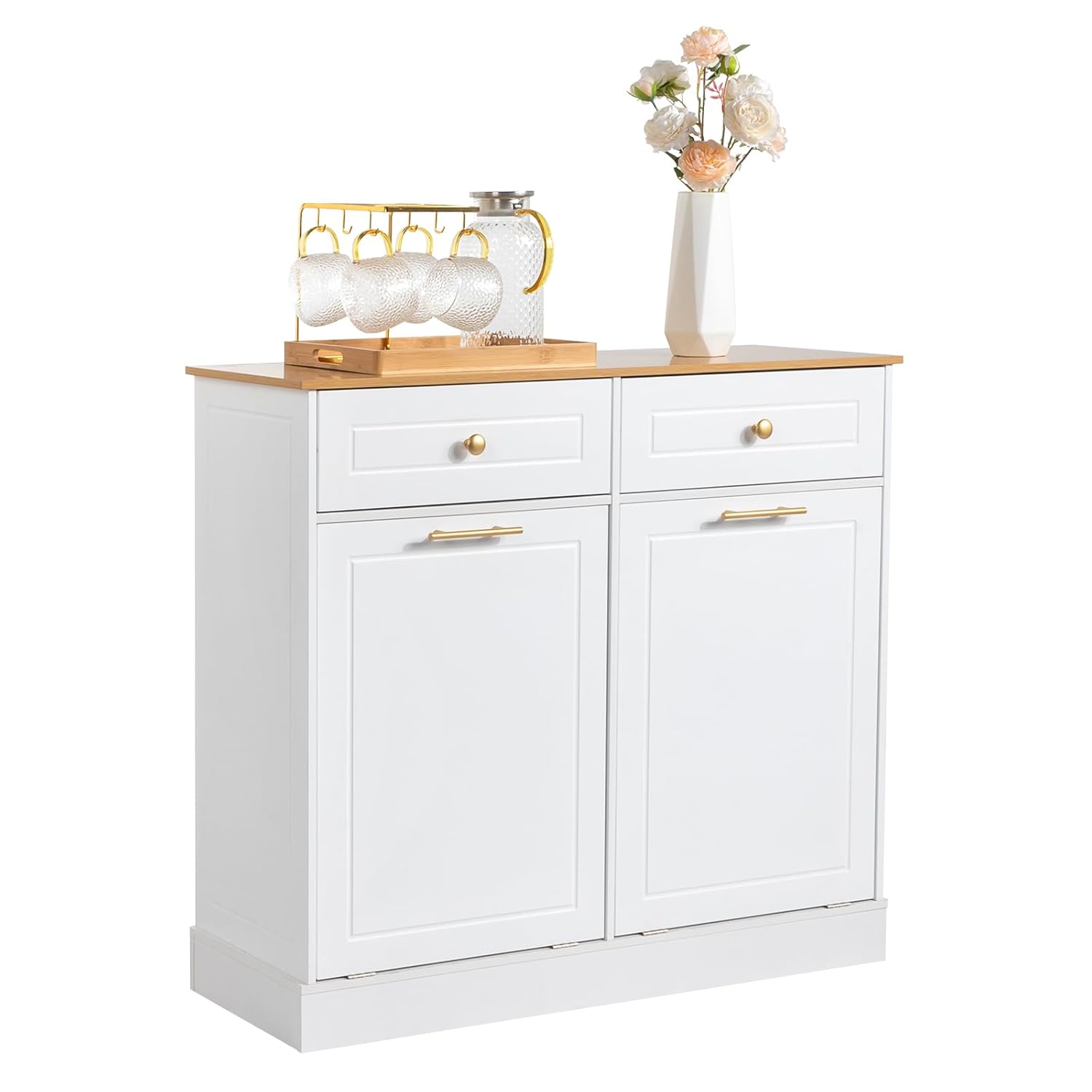 Kitchen Trash Can Cabinet - Freestanding Garbage Storage Cabinet - Tilt Out Trash Cabinet with Drawer and Laundry Hamper - Pet-Proof Recycling Trash Bin Cabinet - 2 Doors 2 Drawers 2 Baskets - White