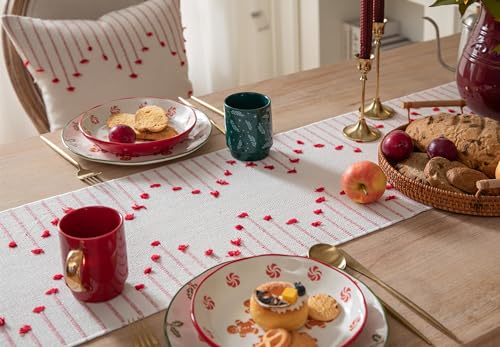 Christmas Table Runner 13 x 90 Inch Natural Cotton Woven with Tassels, Red and Beige U800