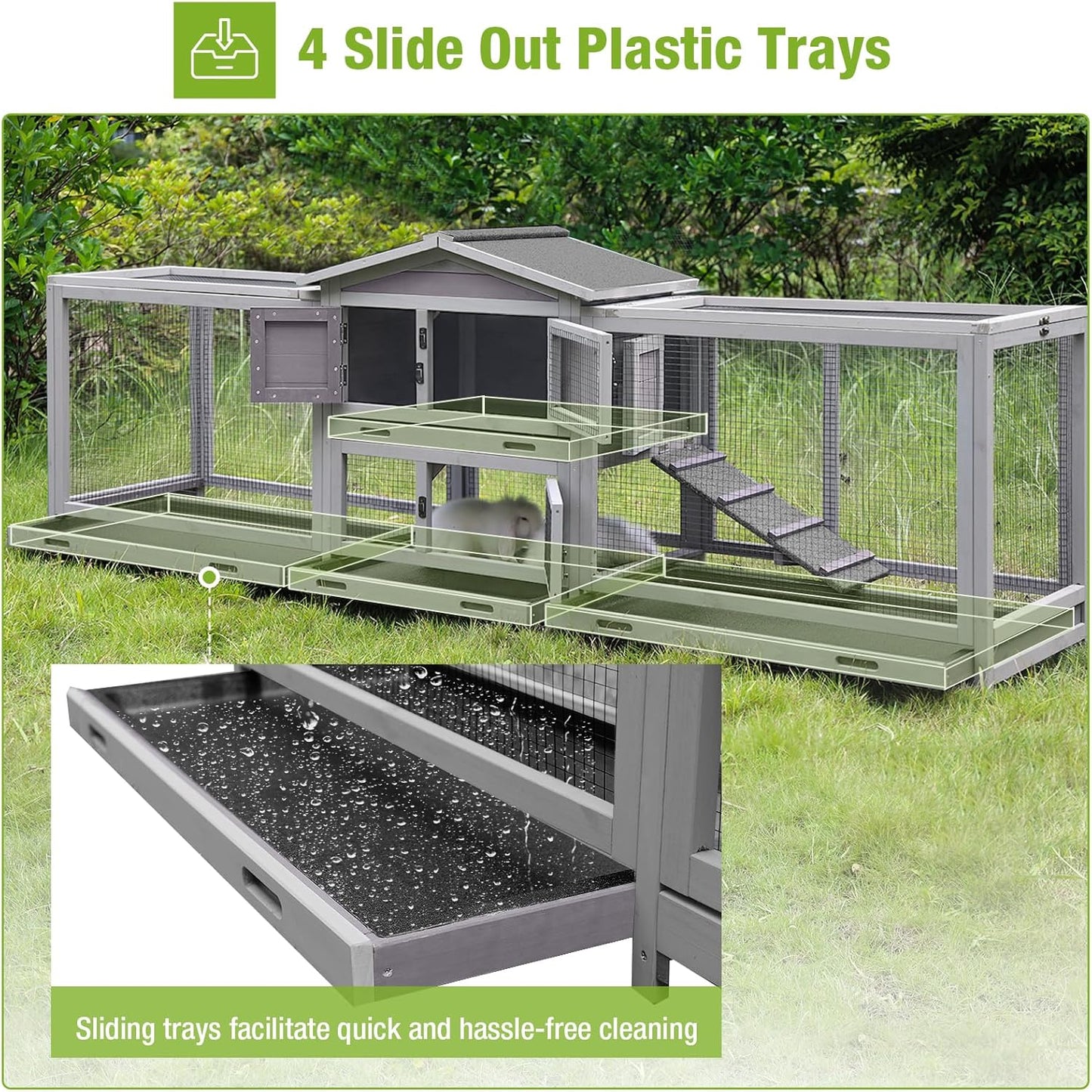 Large Rabbit Hutch Indoor Outdoor with Wheels and Pull Out Trays W3742