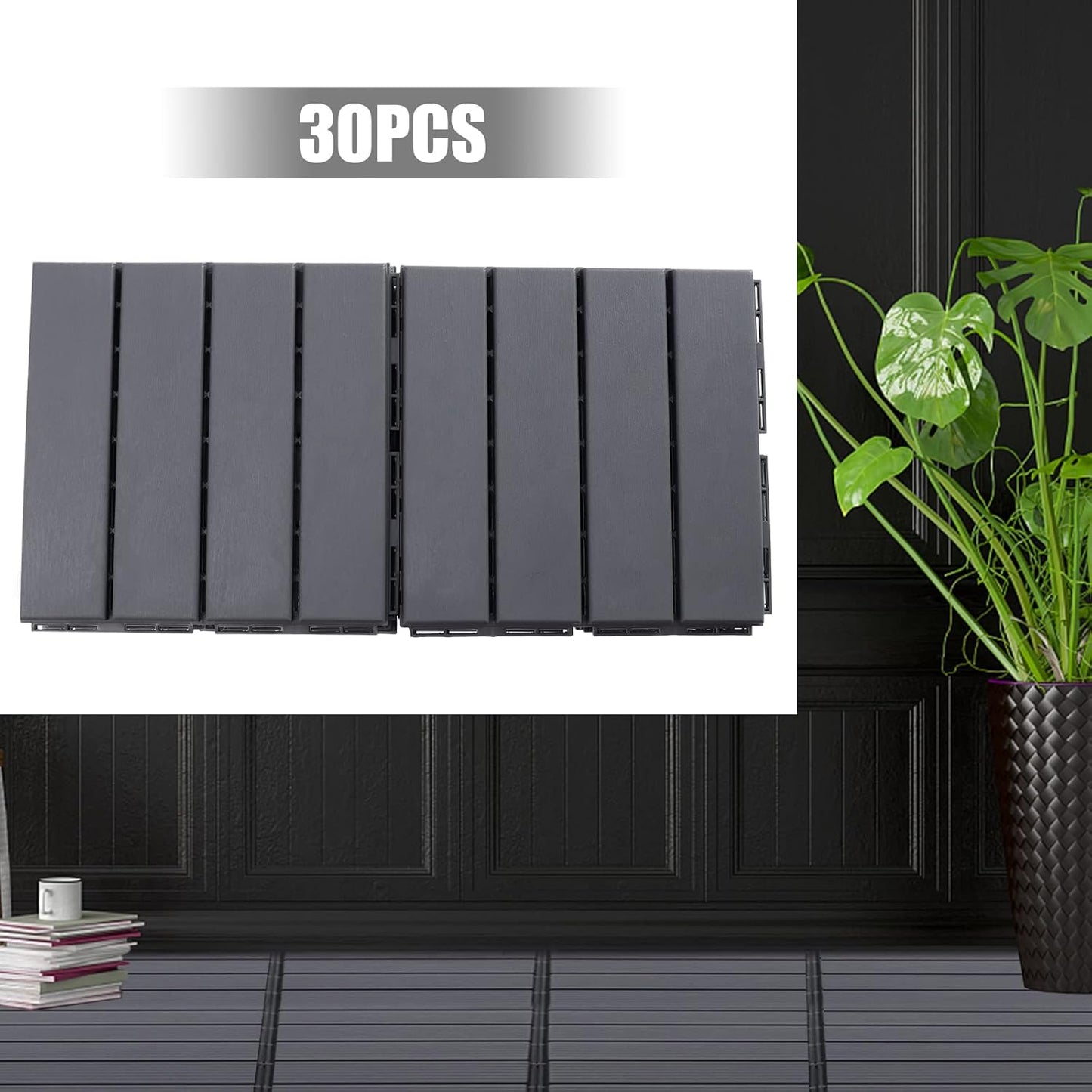 Interlocking Deck Tiles 12"x12" (Pack of 30), Outdoor Patio Flooring, Dark Gray V544404