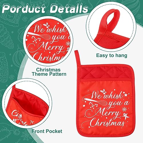 Christmas Pot Holders with Pockets - Red Heat Resistant Oven Mitts for Baking M3891