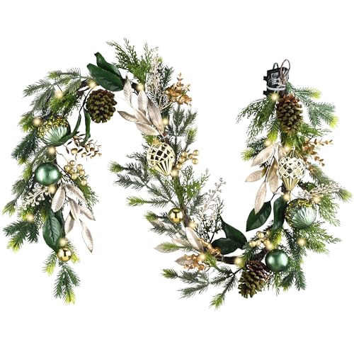 Christmas Garland with Lights, 6Ft Prelit for Mantle, Stairs Railing, Green Gold R97358