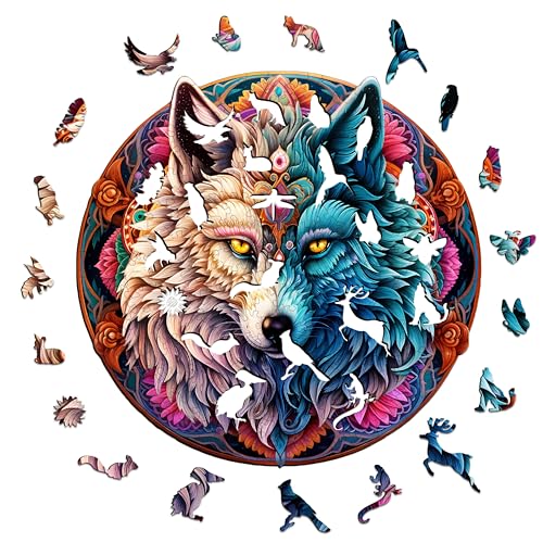 Wooden Puzzle for Adults, Mandala Yin Yang Wolf, 190 Pieces, Wooden Box P885352