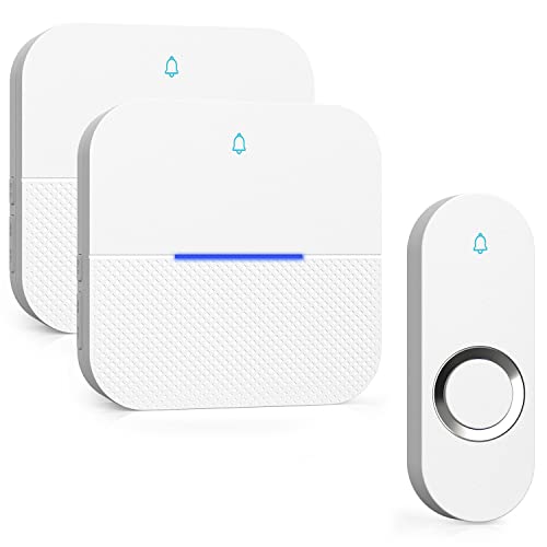 AIDA Lighted Wireless Doorbell, Home Waterproof Doorbell 1,000ft Range, 5 Volume Levels with 58 Doorbell Chimes & LED Flash (White, Doorbell with 2 Buttons & 2 Receivers)
