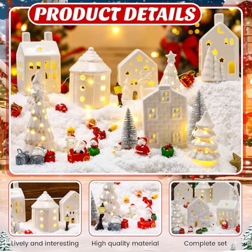 30 Pcs White Christmas Village Set Mini Figurines with LED Lighted Ceramic Houses and Trees I571