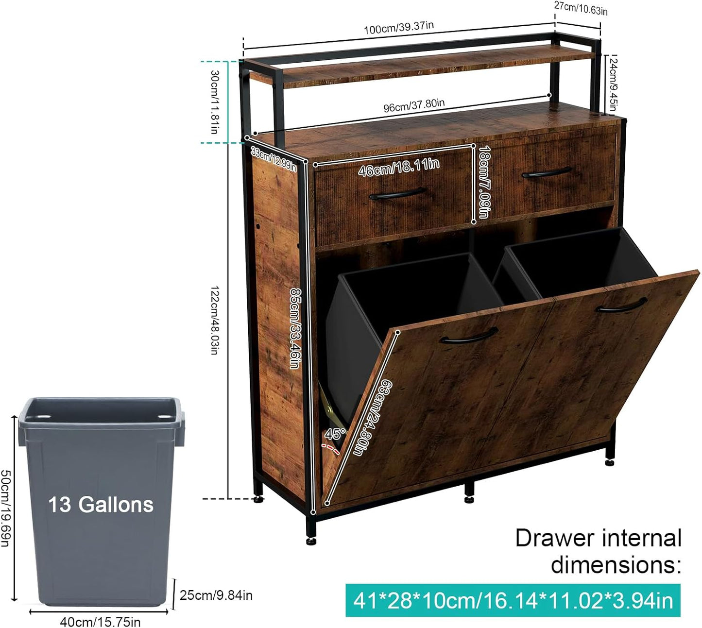 Dual Tilt-Out Trash Cabinet with 2 Drawers and Shelf, 10 Gallon A642207