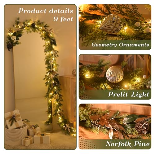 Christmas Garland with Lights, 6Ft Prelit for Mantle, Stairs Railing, Green Gold R97358