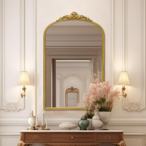 Antique Gold Arch Bathroom Mirror with Beaded Frame L766958