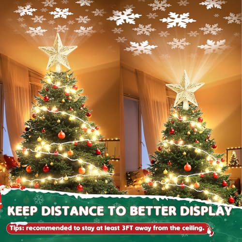 Christmas Tree Topper Lighted with 6 Projection Slides, Snowflake LED Rotating 3D Glitter Tree Topper O28849