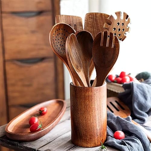 Christmas Wooden Spoons for Cooking, 10 Pcs Natural Teak Kitchen Utensils Set S557967