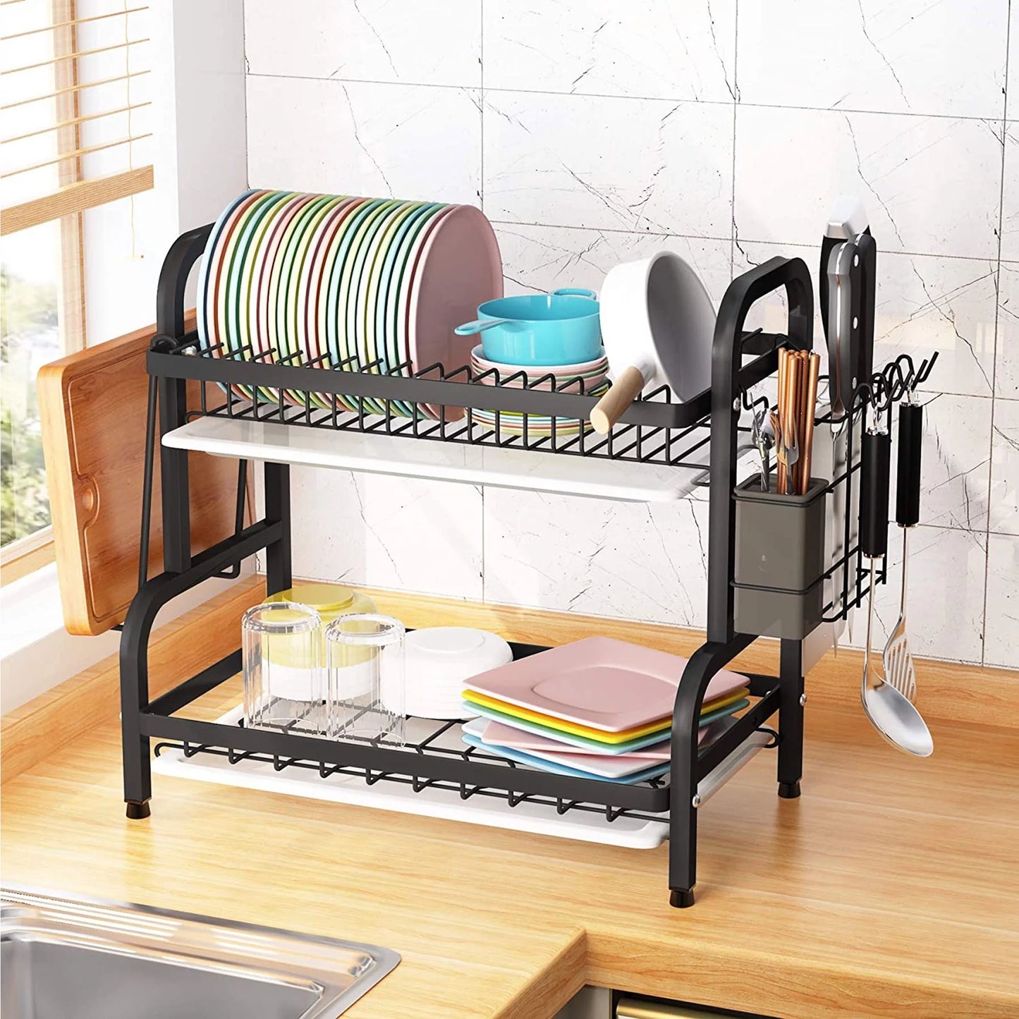 Over the Sink Dish Drying Rack, Adjustable 2-Tier Large Kitchen Organizer I642254