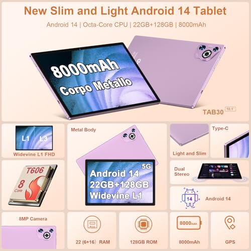 Android 14 Tablet, 22GB RAM, 128GB Storage, 10.1 Inch Touchscreen, 8000mAh Battery, with Keyboard and Mouse W995