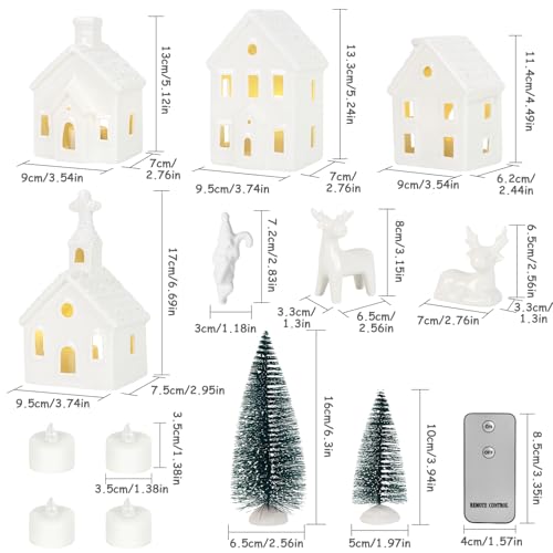 Christmas Village Set with 4 Lighted Ceramic Houses, 2 Trees, 2 Deer & Santa U967