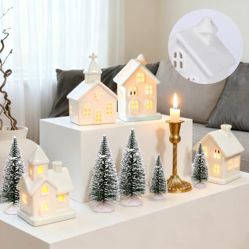 7PCS Christmas Village Sets - 3 LED Lighted Ceramic Houses with Remote & 4 Trees, Porcelain Miniature Decorations X236956