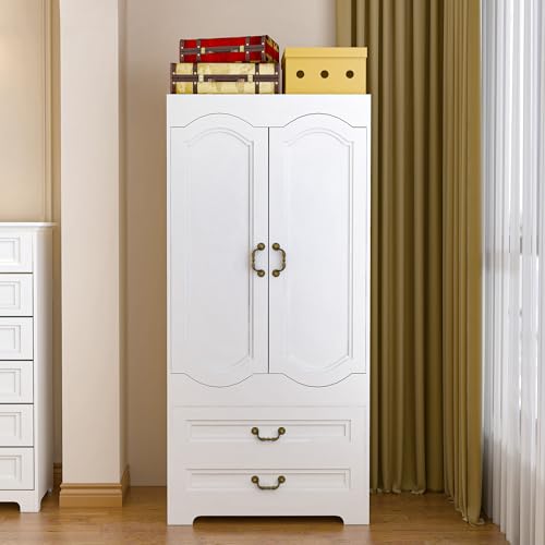 Luxurious 2 Door Wardrobe with 2 Drawer,White Vintage Armoire with Clothing Rod,67" Tall Wooden Closet Wardrobe Cabinet for Bedroom (White)
