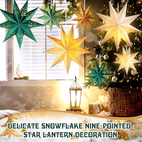 12 Pcs Christmas Paper Star Lantern 9 Point Hanging Ornament with String Light H44991