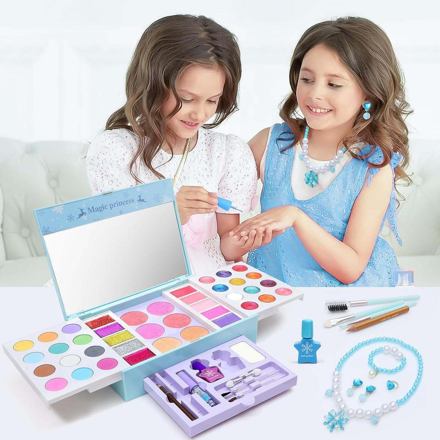 Frozen Makeup Set for Girls, 60pcs Pretend Play Cosmetics with Nail Polish & Jewelry T729824