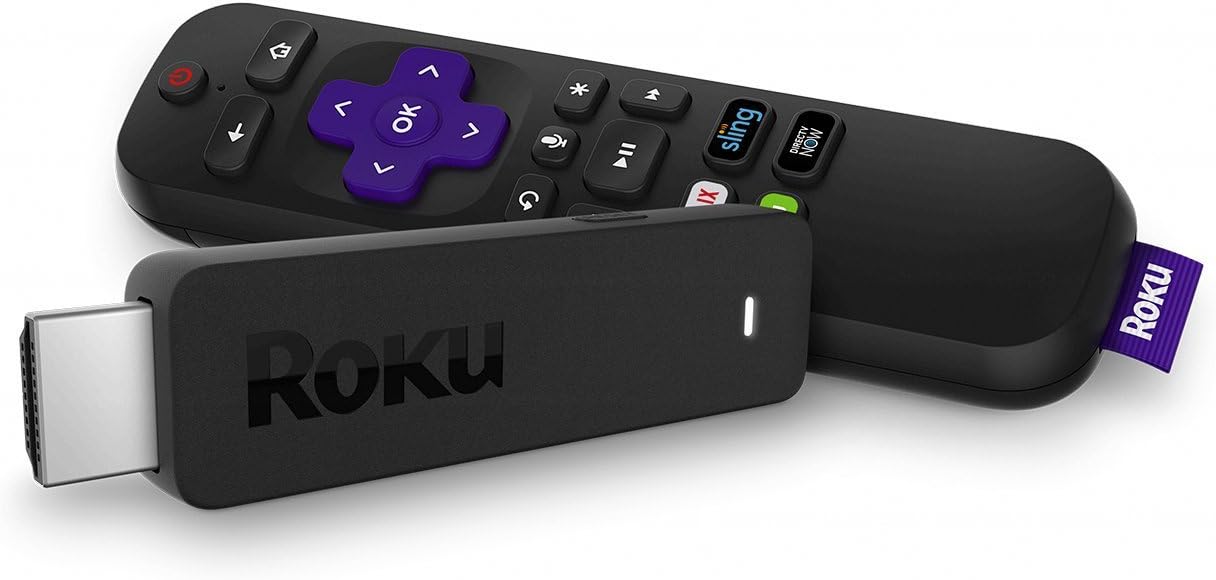 Roku Streaming Stick | Portable, Power-Packed Player with Voice Remote with TV Power and Volume (2017) (Renewed)