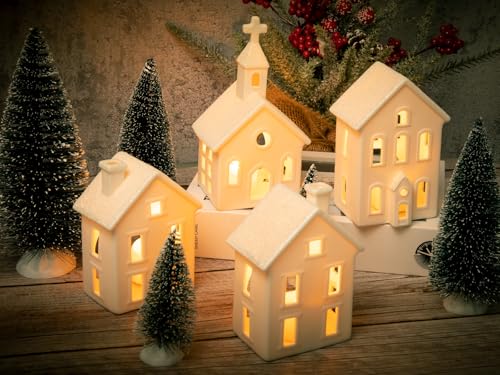 7PCS Christmas Village Sets - 3 LED Lighted Ceramic Houses with Remote & 4 Trees, Porcelain Miniature Decorations X236956