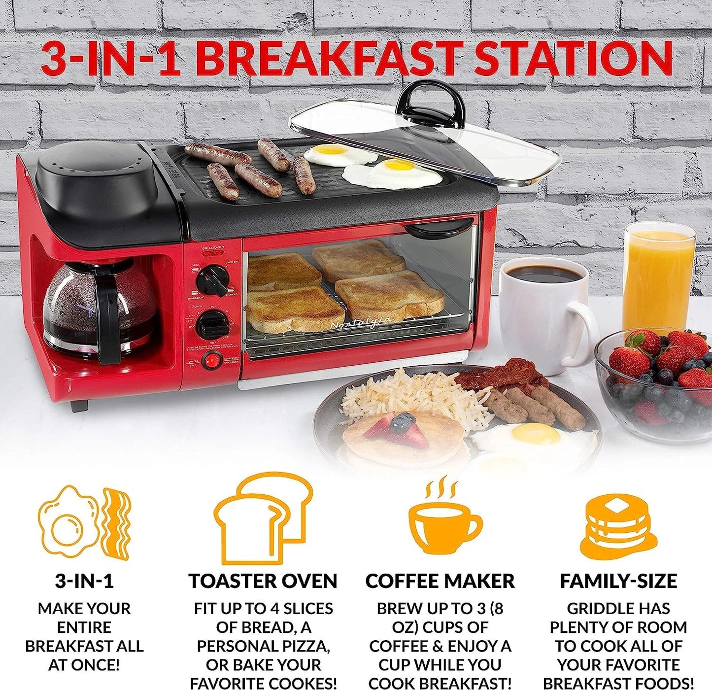 3-in-1 Breakfast Station with Coffee Maker, Griddle, and Toaster Oven E4707