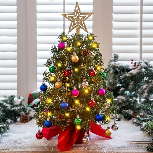 24" Mini Christmas Tree Tabletop Set with LED Lights and Ornaments V8406