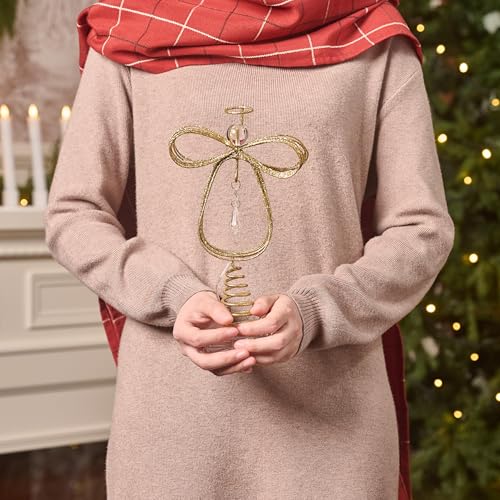 Lighted Christmas Tree Topper Angel with Timer, 10 Inch Pre-Lit Gold Metal I955
