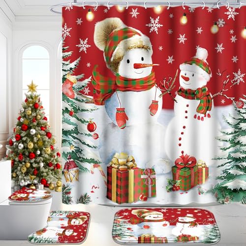 Christmas Bathroom Set with Shower Curtain, Rugs, and Hooks A88035