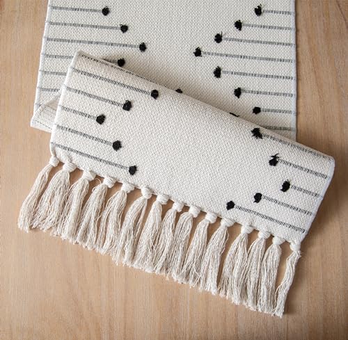 Christmas Table Runner 13 x 90 Inch Natural Cotton Woven with Tassels, Red and Beige U800