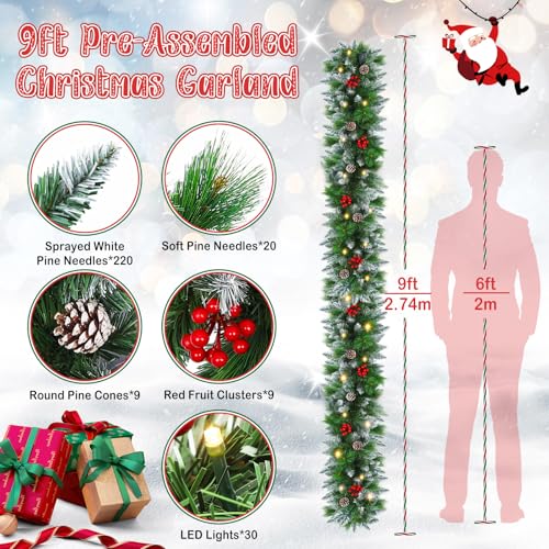 Flocked Pre-Lit Christmas Garland with 30 LED Lights, Red Berries and Pine Cones B12411
