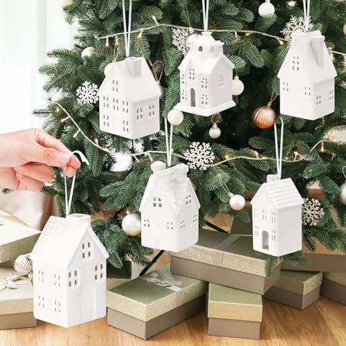 Set of 6 White Ceramic Christmas Village Houses Tabletop Decorations G339