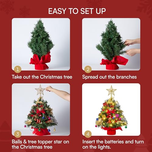 24" Mini Christmas Tree Tabletop Set with LED Lights and Ornaments V8406