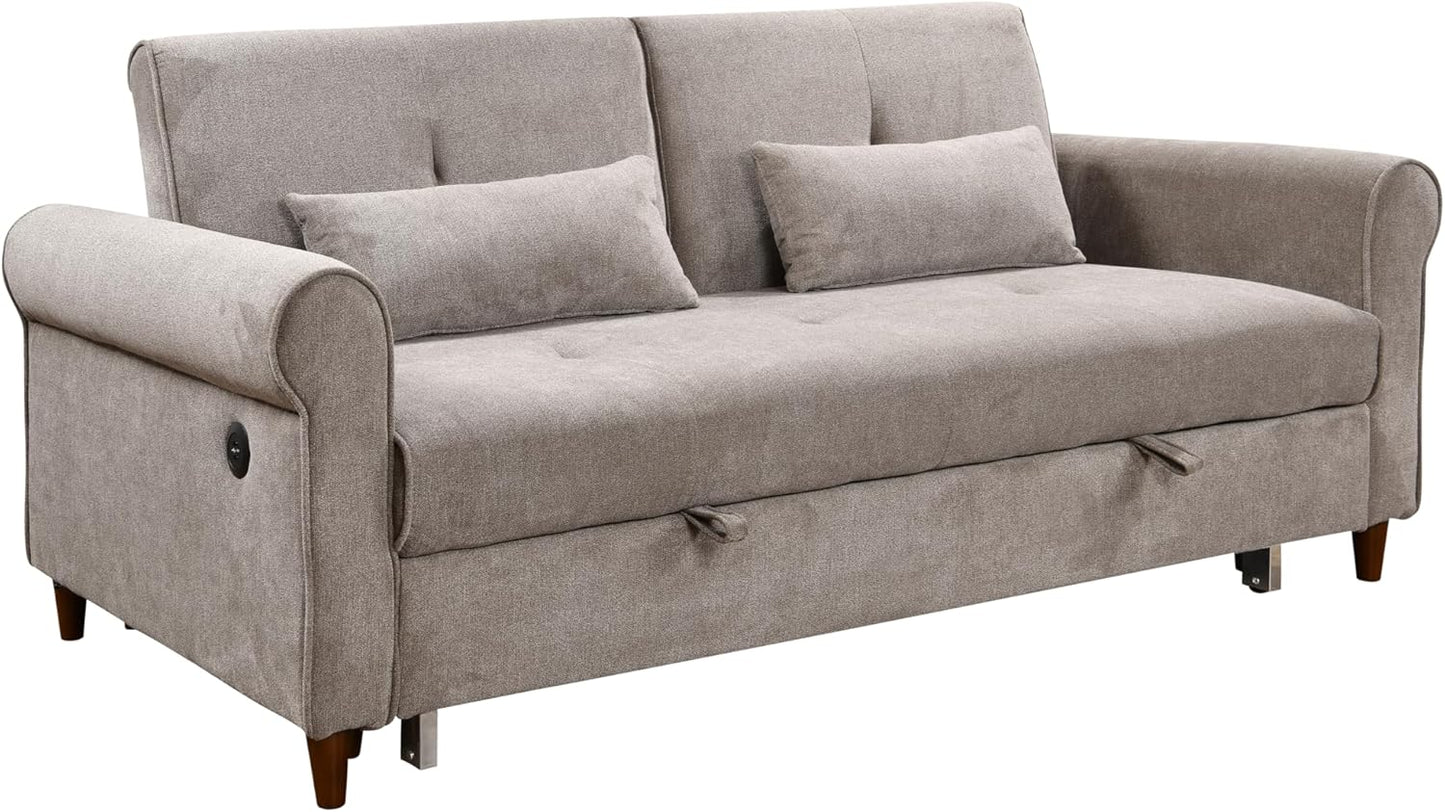 3 in 1 Convertible Sleeper Sofa Bed with Pullout Bed, 2 Pillows, USB Port, Brown J8526