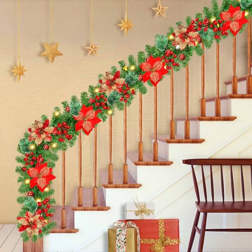 Pre-lit Christmas Garland with LED Lights, Red Flowers and Berries C561701