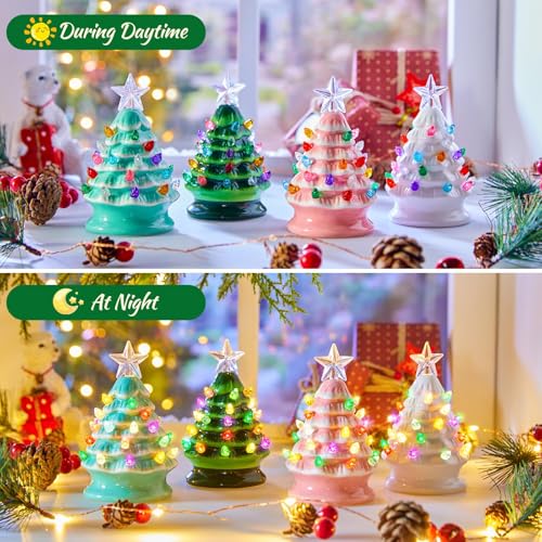 5 Inch Mini Ceramic Christmas Tree Set - 4 Pack Pre-lit Tabletop with Multicolored LED Lights H9498