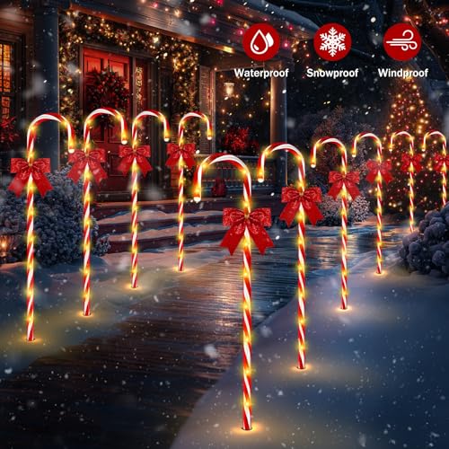 Christmas Solar Candy Cane Pathway Lights, 24PCS 240LED Outdoor Decorations with Red Bow Waterproof E437