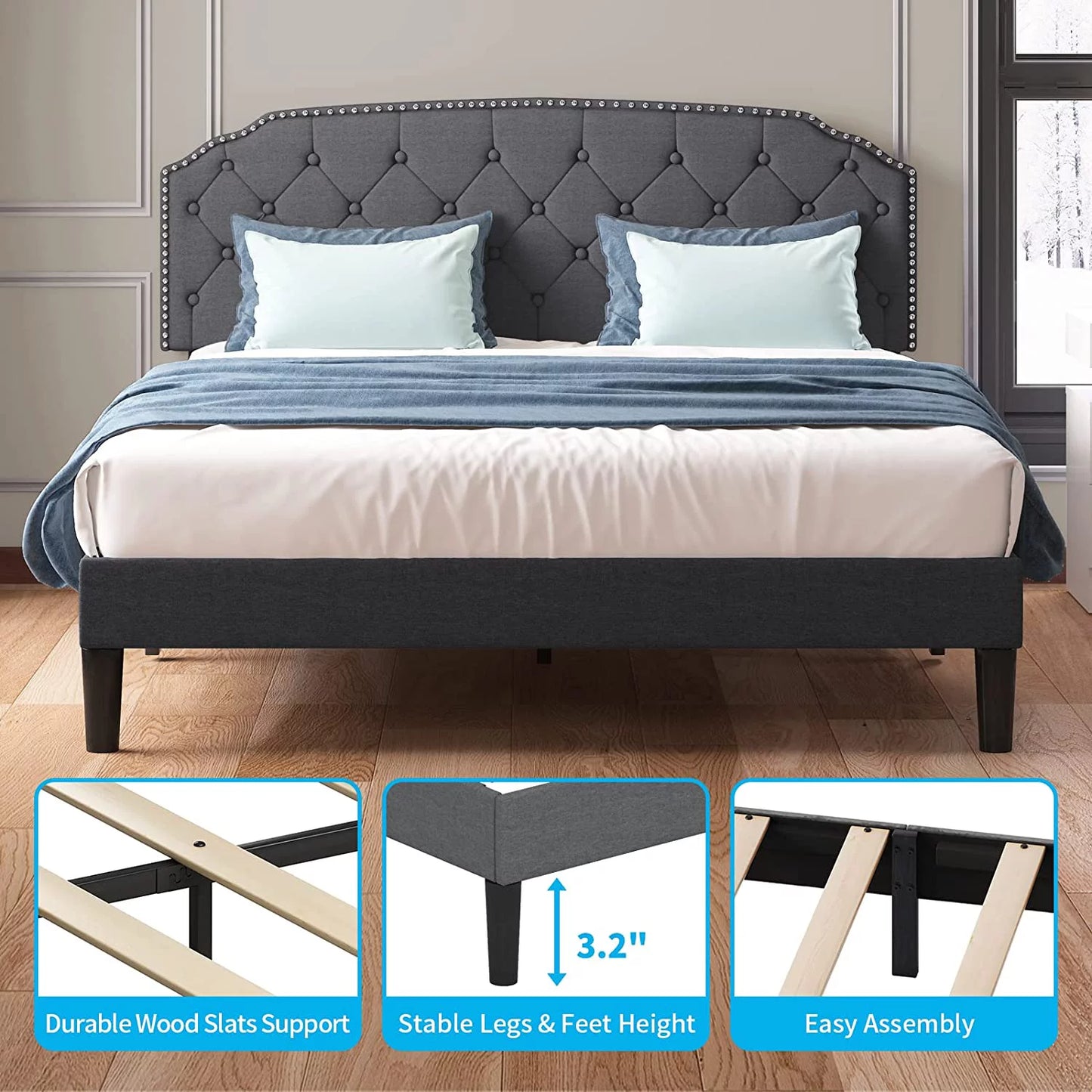 Queen Size Platform Bed Frame with Tufted Upholstered Headboard F240