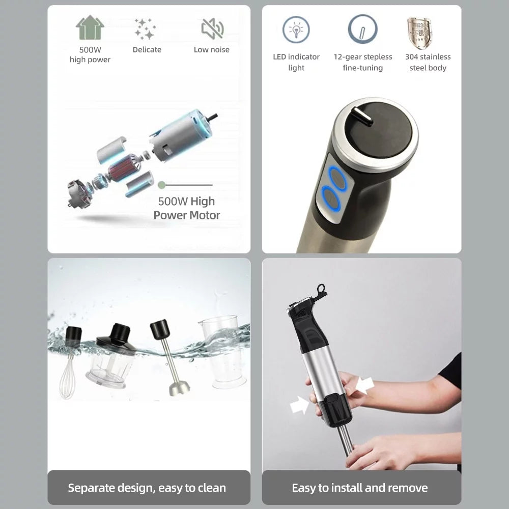 500W Handheld Blender with Whisk, Grinding Cup and Juicer B6326
