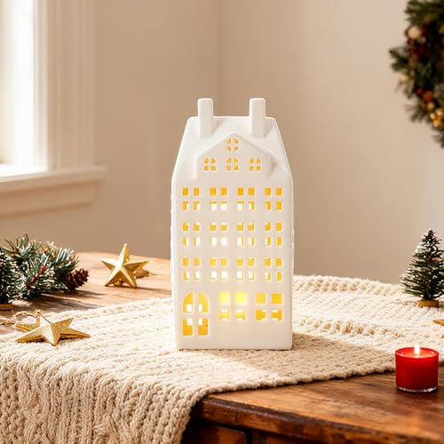 Light Up Christmas Village Set, White Ceramic House with Lights, Tabletop Decor X84474
