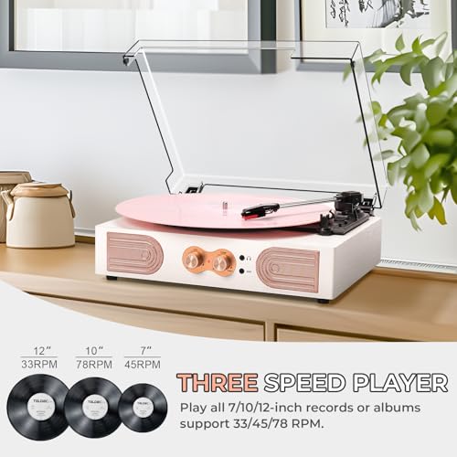 Vinyl Record Player with Built-in Speakers, 3-Speed, White Rose Gold Q78340
