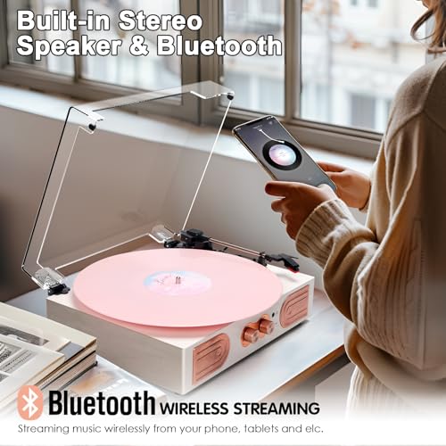 Vinyl Record Player with Built-in Speakers, 3-Speed, White Rose Gold Q78340