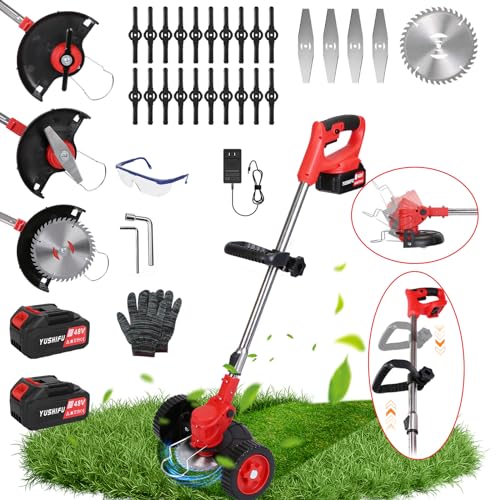 Cordless Weed Wacker, 2x2.5Ah Battery Powered Grass Trimmer, Electric Weed Eater with Wheels, 3-in-1 Electric Lawn Edger with 3 Types Blades Brush Cutter for Garden, Yard