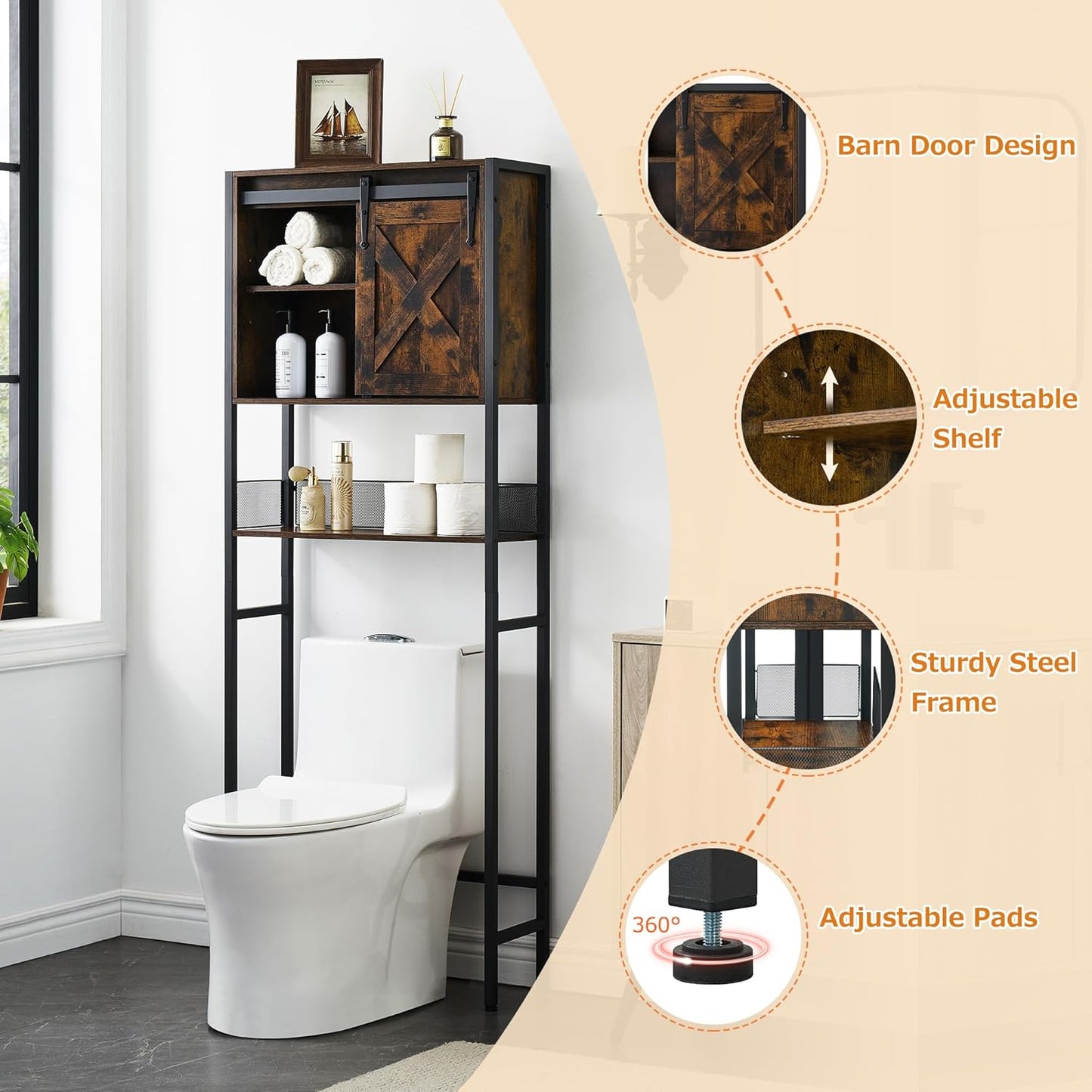 Over The Toilet Storage Cabinet with Sliding Door and Adjustable Shelf, Rustic Brown F7939