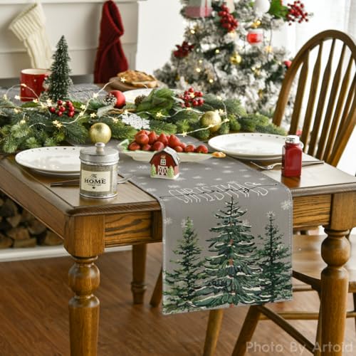 Beige Pine Tree Snowflake Christmas Table Runner, Winter Holiday Kitchen Dining Table Decor, 13 x 72 Inch Z426