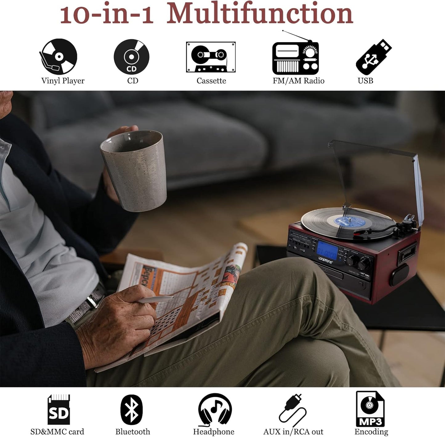 10 in 1 Bluetooth Record Player with CD, Cassette, AM/FM Radio, USB/SD Recorder Q17482